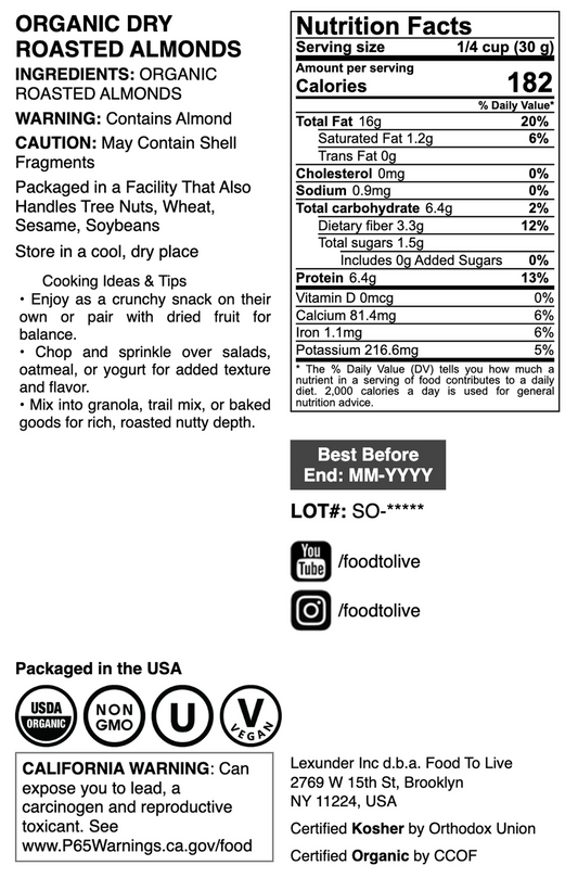 Organic Dry Roasted Almonds - by Food To Live