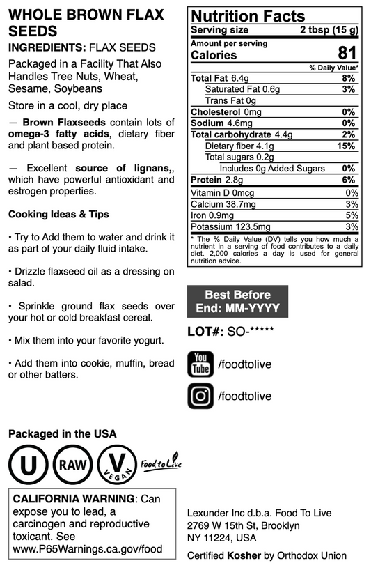 Whole Brown Flax Seeds - by Food To Live