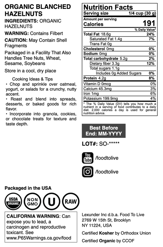 Organic Raw Blanched Hazelnuts - by Food To Live
