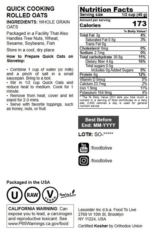 Quick Cooking Rolled Oats - by Food To Live