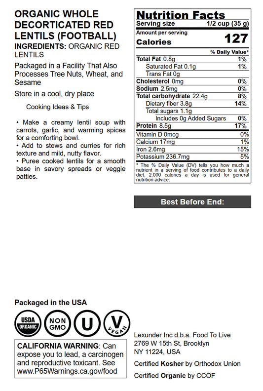 Organic Red Lentils (Football) - by Food to Live