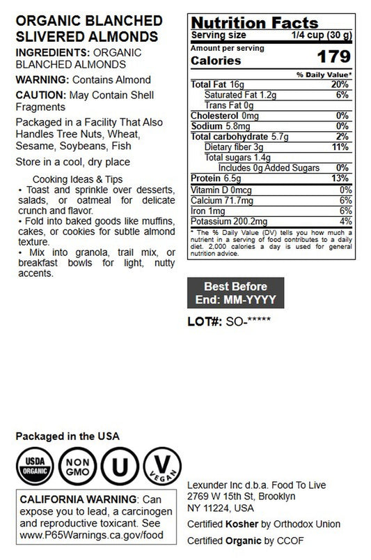 Organic Blanched Slivered Almonds - by Food To Live