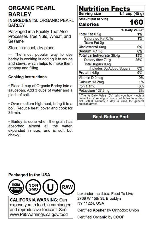 Organic Pearl Barley - by Food To Live