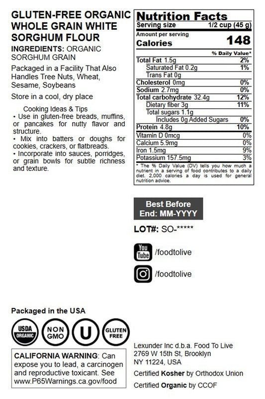 Gluten-Free Organic Whole Grain White Sorghum Flour - by Food to Live