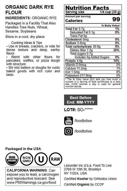 Organic Dark Rye Flour - by Food To Live