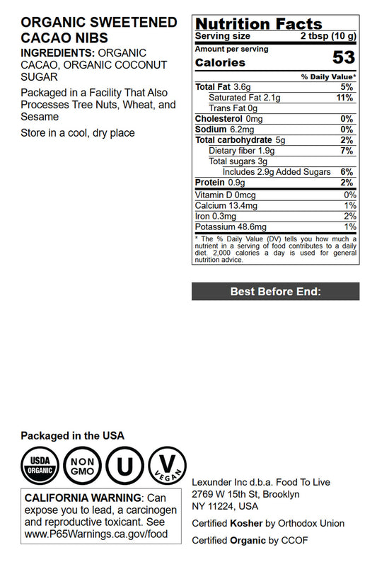 Organic Sweet Cacao Nibs - by Food To Live