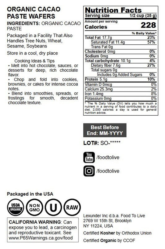 Organic Cacao Paste Wafers - by Food To Live