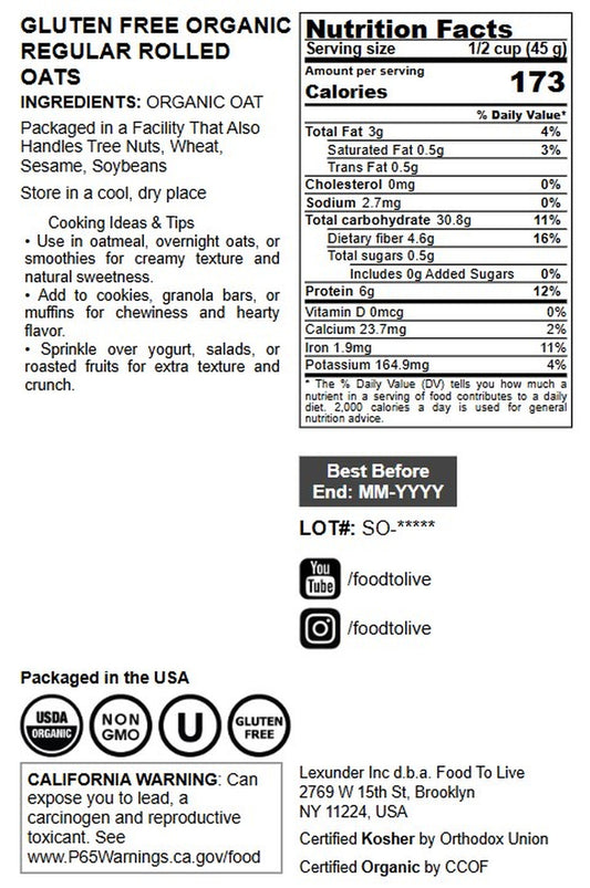 Gluten Free Organic Regular Rolled Oats - by Food To Live