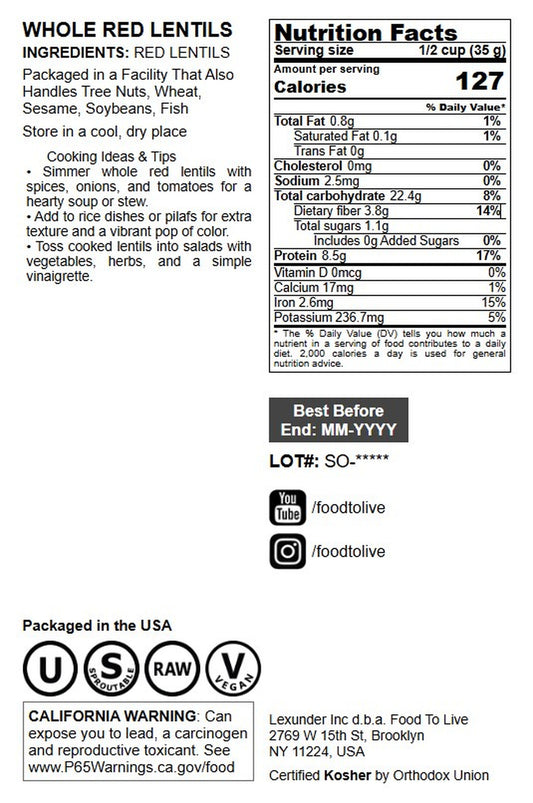Red Lentils Whole - by Food To Live