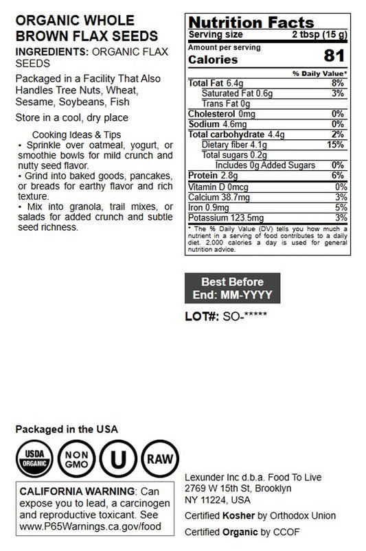 Organic Whole Brown Flax Seeds - by Food To Live