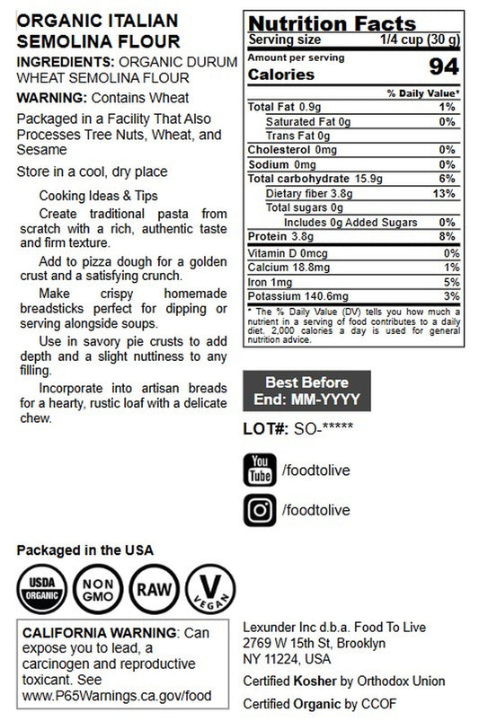Organic Italian Semolina Flour - by Food To Live