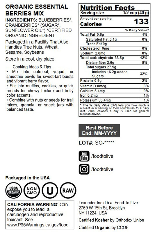 Organic Essential Berries Mix with Cranberries and Blueberries - by Food To Live