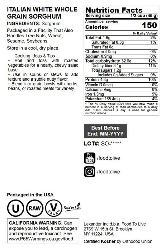 Italian White Whole Grain Sorghum - by Food To Live