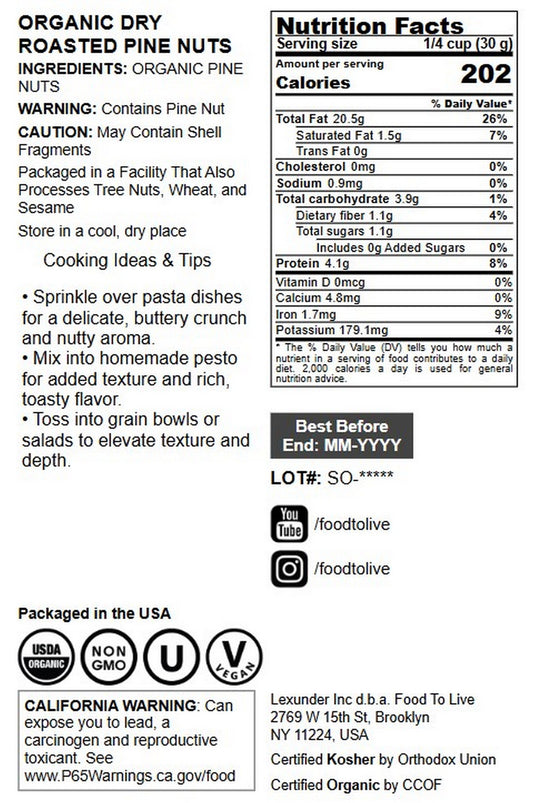 Organic Dry Roasted Pine Nuts - by Food to Live