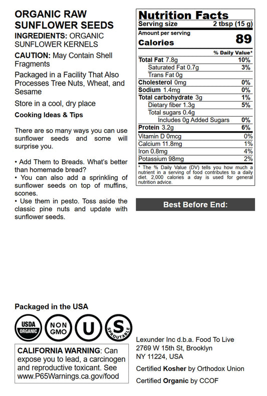 Organic Sunflower Seeds - by Food To Live