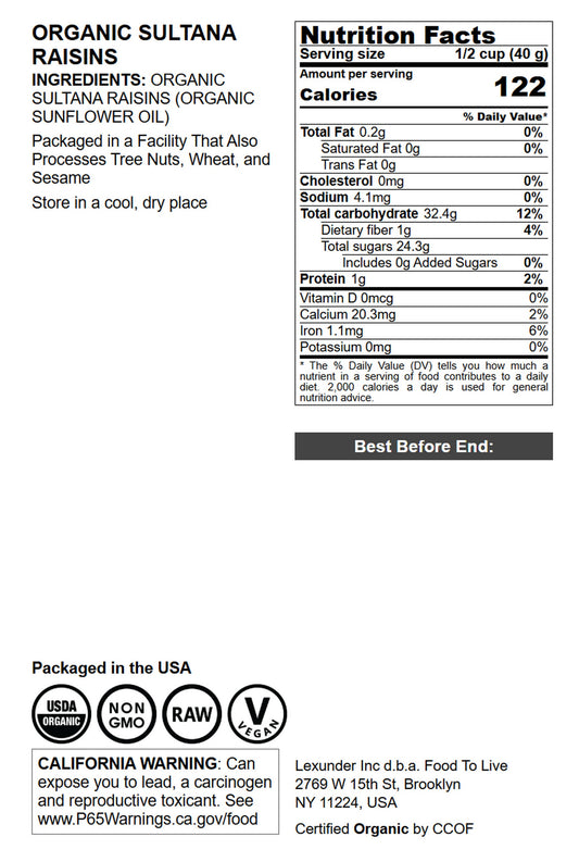 Organic Sultana Raisins - by Food To Live