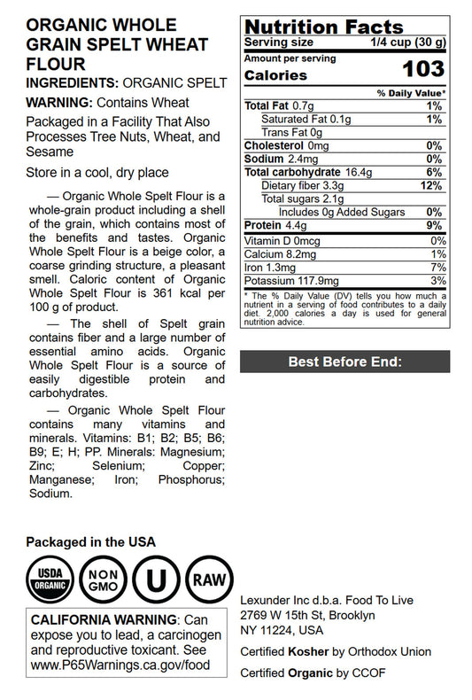 Organic Spelt Flour - by Food To Live