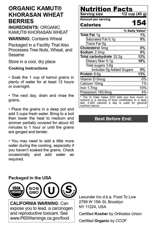 Organic KAMUT Khorasan Wheat Berries - by Food To Live