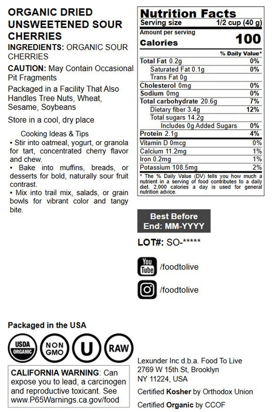 Organic Dried Unsweetened Sour Cherries - by Food To Live
