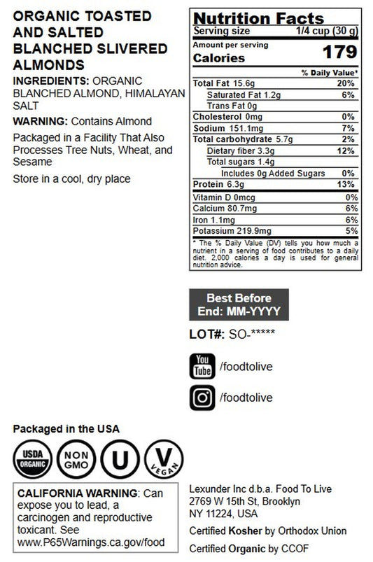 Organic Dry Roasted Blanched Slivered Almonds with Himalayan Salt - by Food to Live