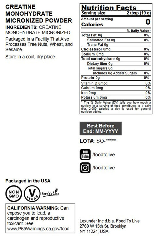 Creatine Monohydrate Micronized Powder - by Food to Live