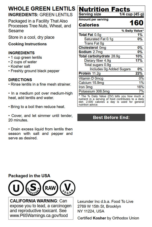 Green Lentil Whole- by Food To Live