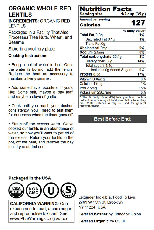 Organic Red Lentils Whole - by Food To Live