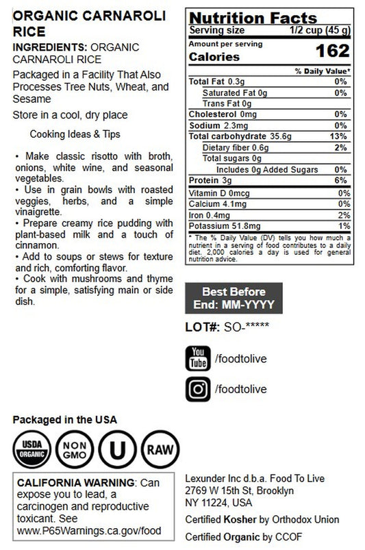 Organic Carnaroli Rice - by Food to Live