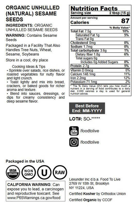 Organic Unhulled Sesame Seeds - by Food To Live