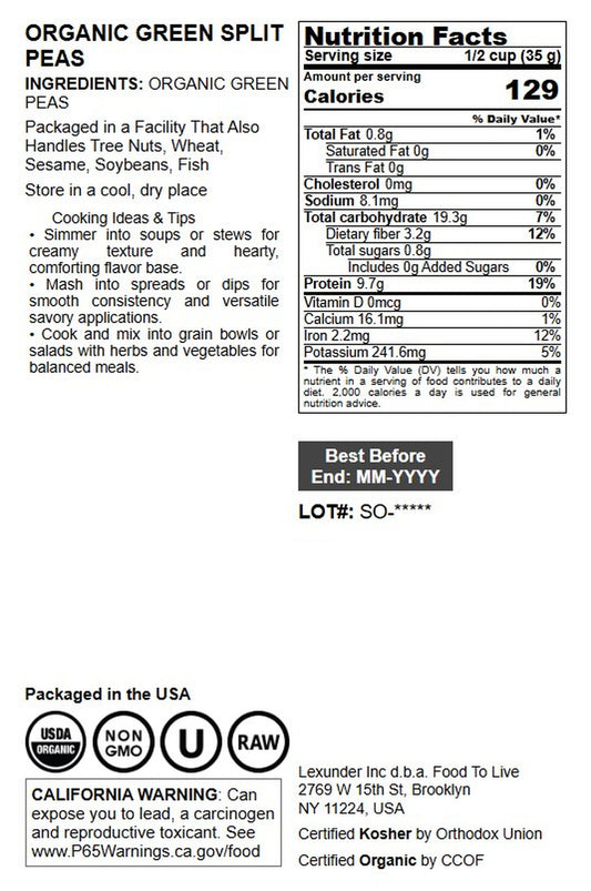 Organic Green Split Peas - by Food To Live
