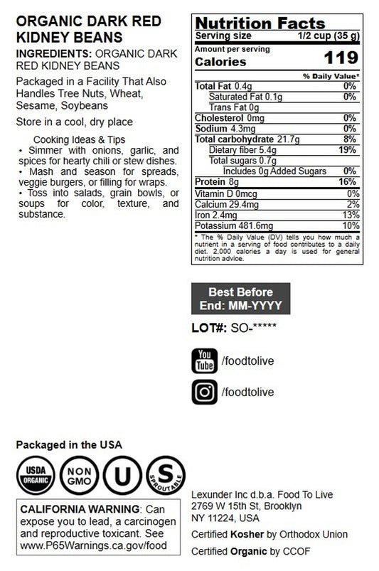 Organic Dark Red Kidney Beans - by Food To Live