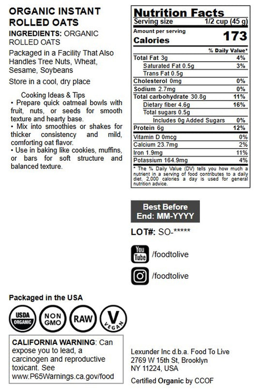 Organic Instant Rolled Oats - by Food To Live