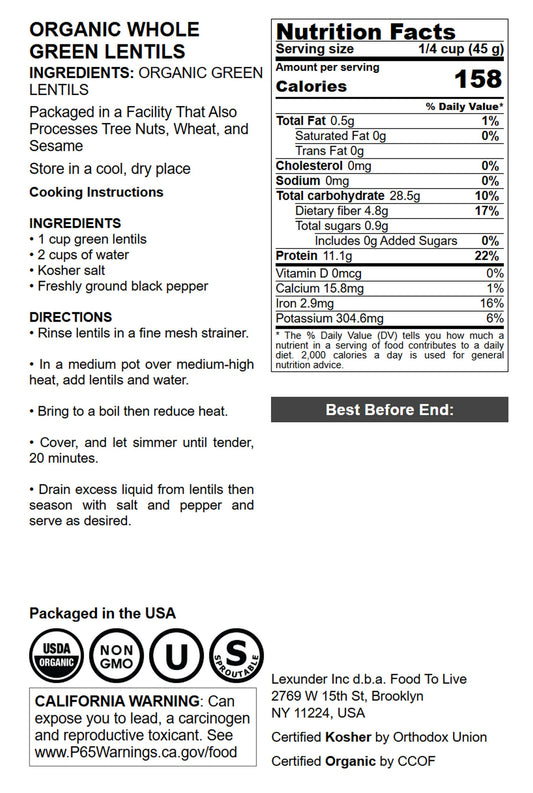 Organic Green Lentils - by Food To Live