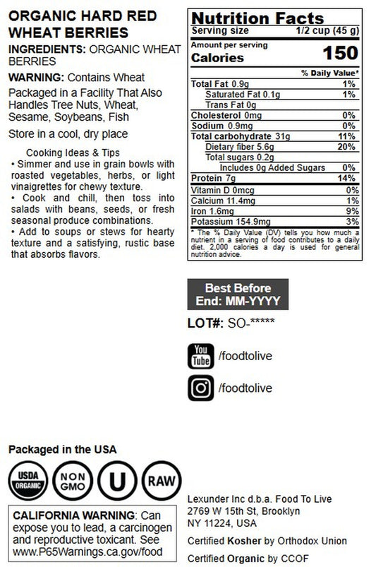 Organic Hard Red Wheat Berries - by Food To Live