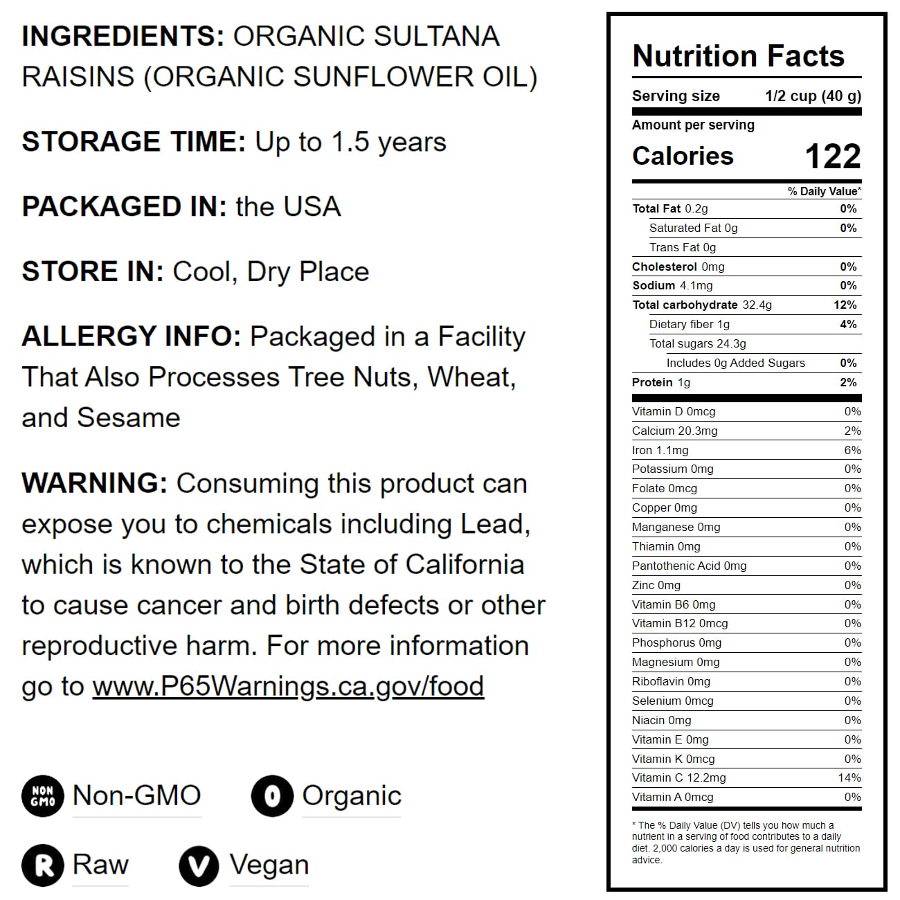 Organic Sultana Raisins - by Food To Live