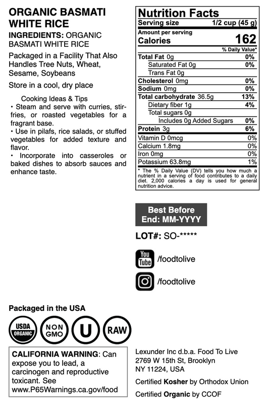 Organic Basmati White Rice - by Food To Live