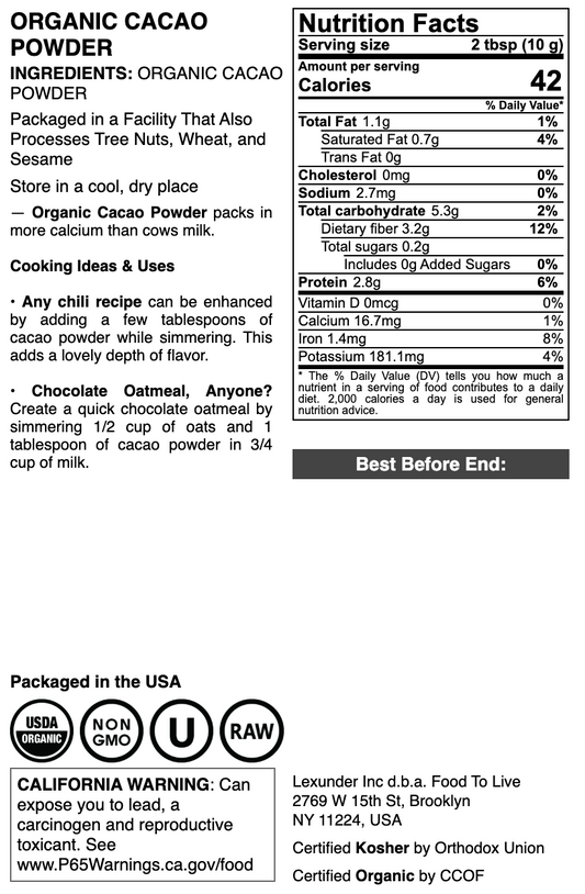 Organic Cacao Powder - by Food To Live