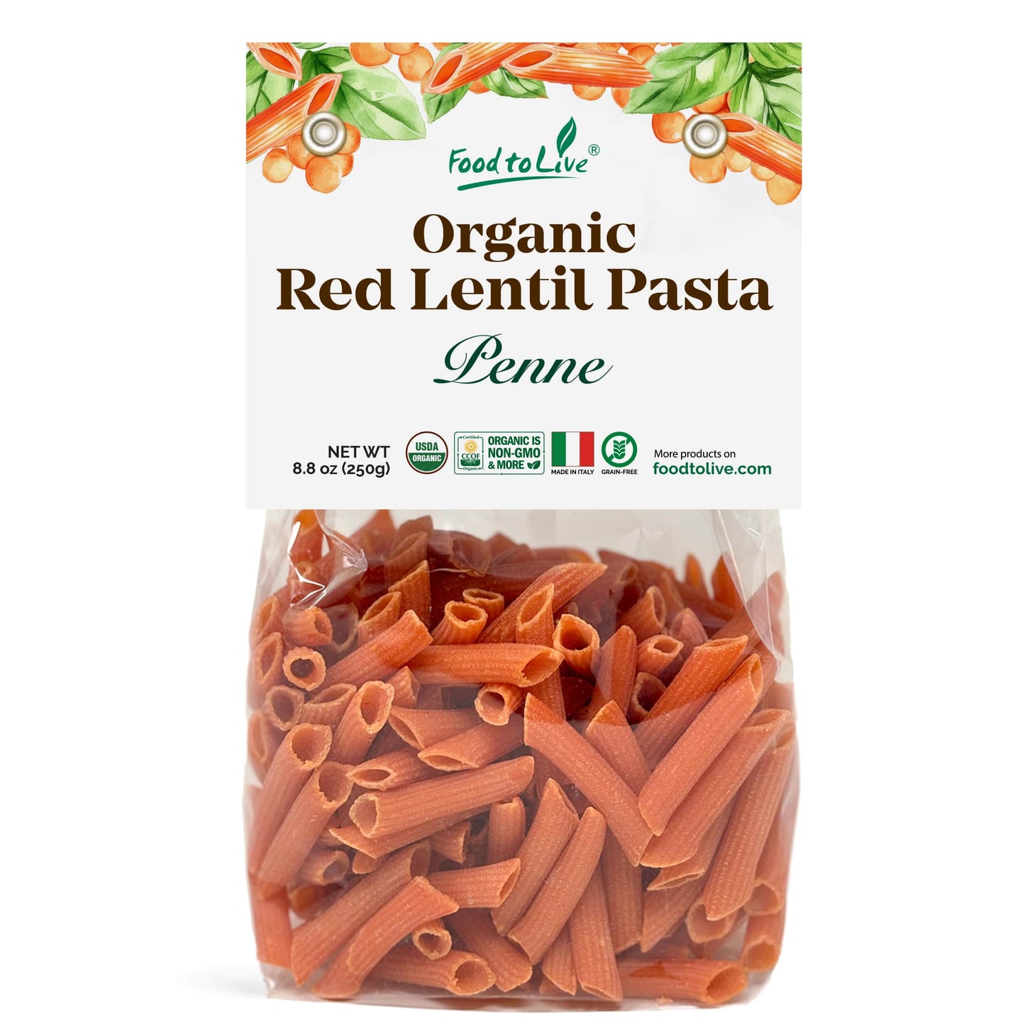 Organic Red Lentil Penne Pasta, 8.8 OZ – Non-GMO, Single Ingredient.  Vegan. Made in Italy.