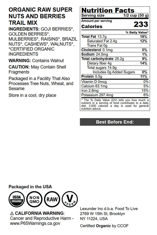 Organic Raw Super Nuts and Berries Trail Mix - by Food To Live