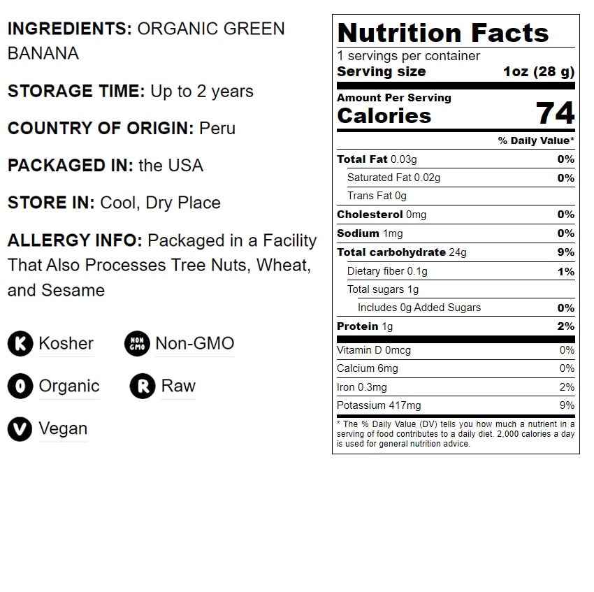 Organic Dried Green Banana Powder - Non-GMO, Whole Fruit Flour, Finely Ground, Pure, No Sugar Added, Unsulfured, Vegan, Bulk. Good Source of Resistant Starch and Prebiotic Fiber. Great for Baking