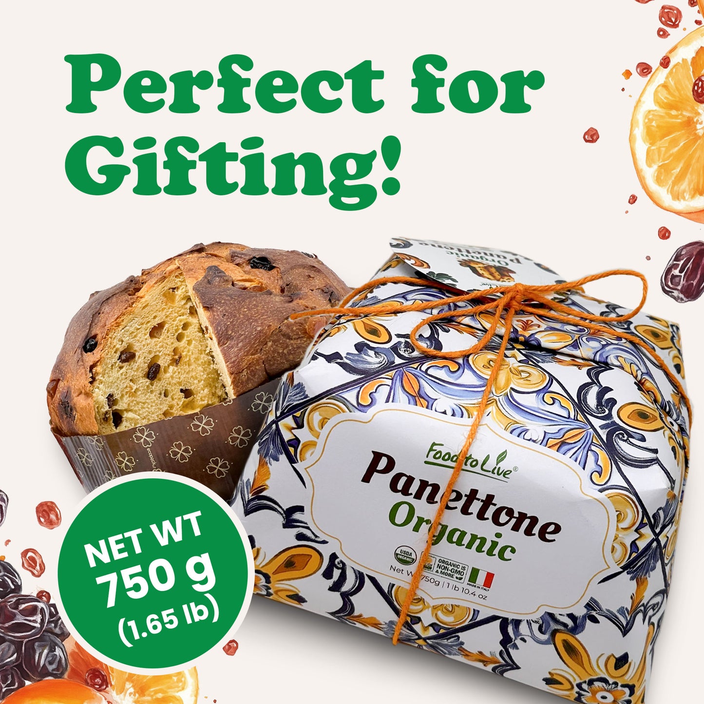 Food to Live Organic Italian Panettone - Authentic Artisan-Made, Traditional Holiday Cake with Raisins and Candied Orange Peel - Perfect for Gifts - Hand-wrapped - Non-GMO - 750g (1.65 lb)