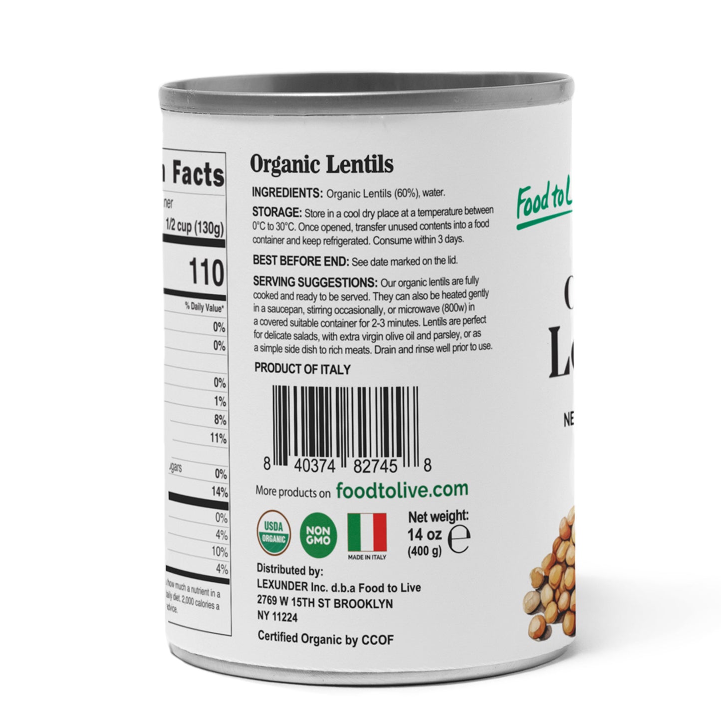 Organic Canned Lentils – Unsalted, Non-GMO, Vegan – by Food to Live