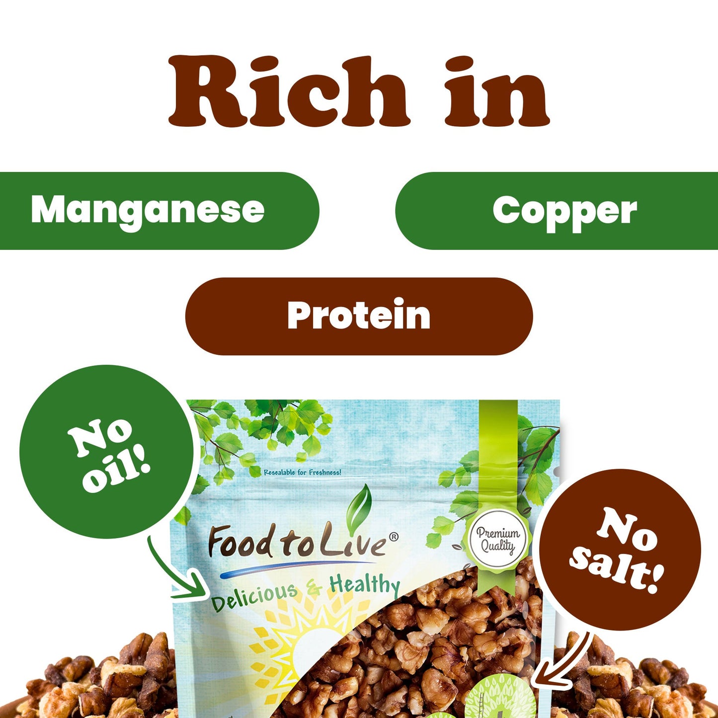 Walnuts, Halves and Pieces, Roasted – Vegan, Kosher, Bulk – by Food to Live