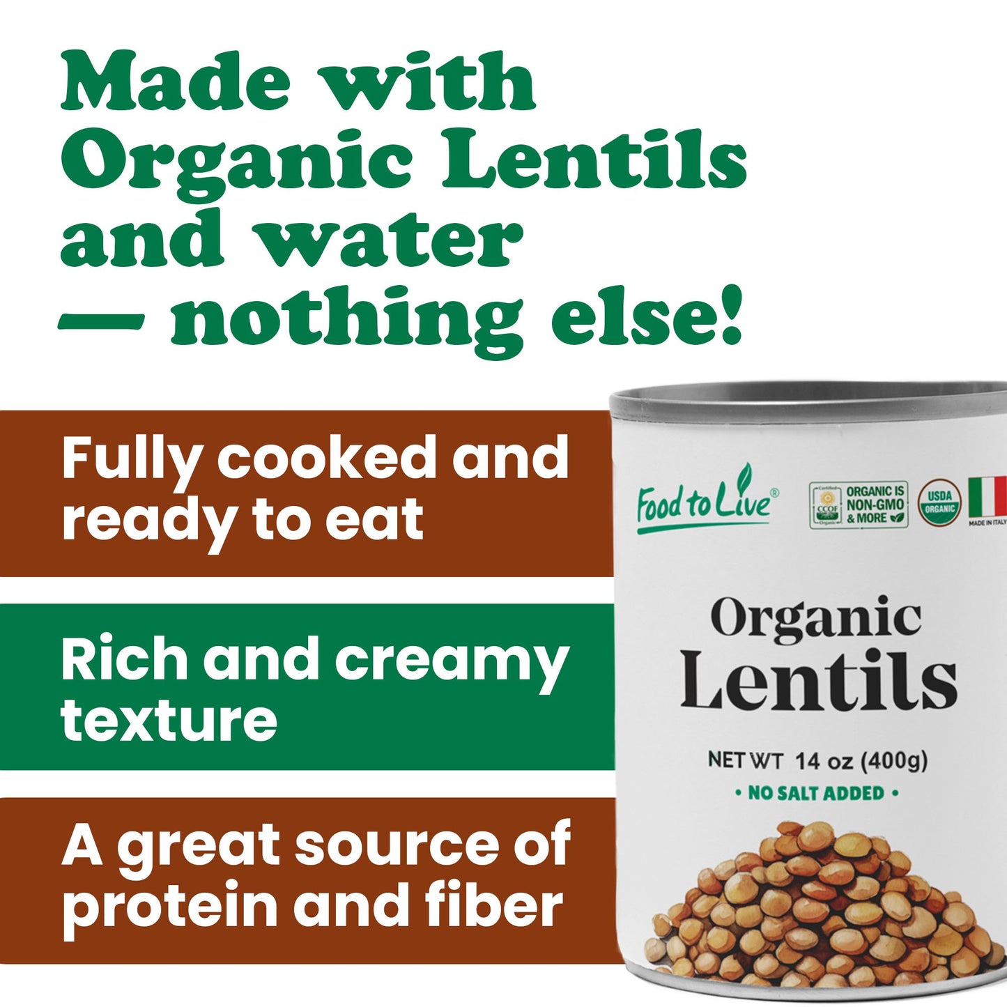 Organic Canned Lentils – Unsalted, Non-GMO, Vegan – by Food to Live