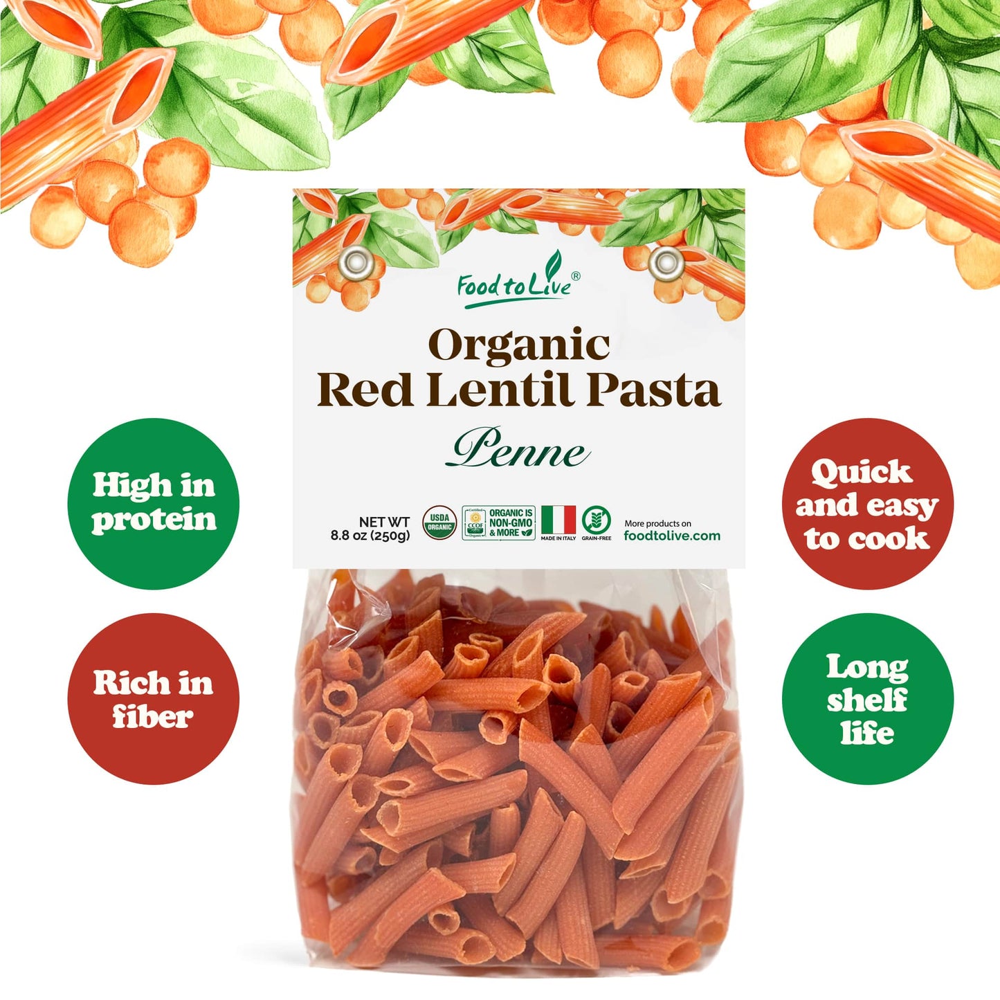 Organic Red Lentil Penne Pasta, 8.8 OZ – Non-GMO, Single Ingredient.  Vegan. Made in Italy.