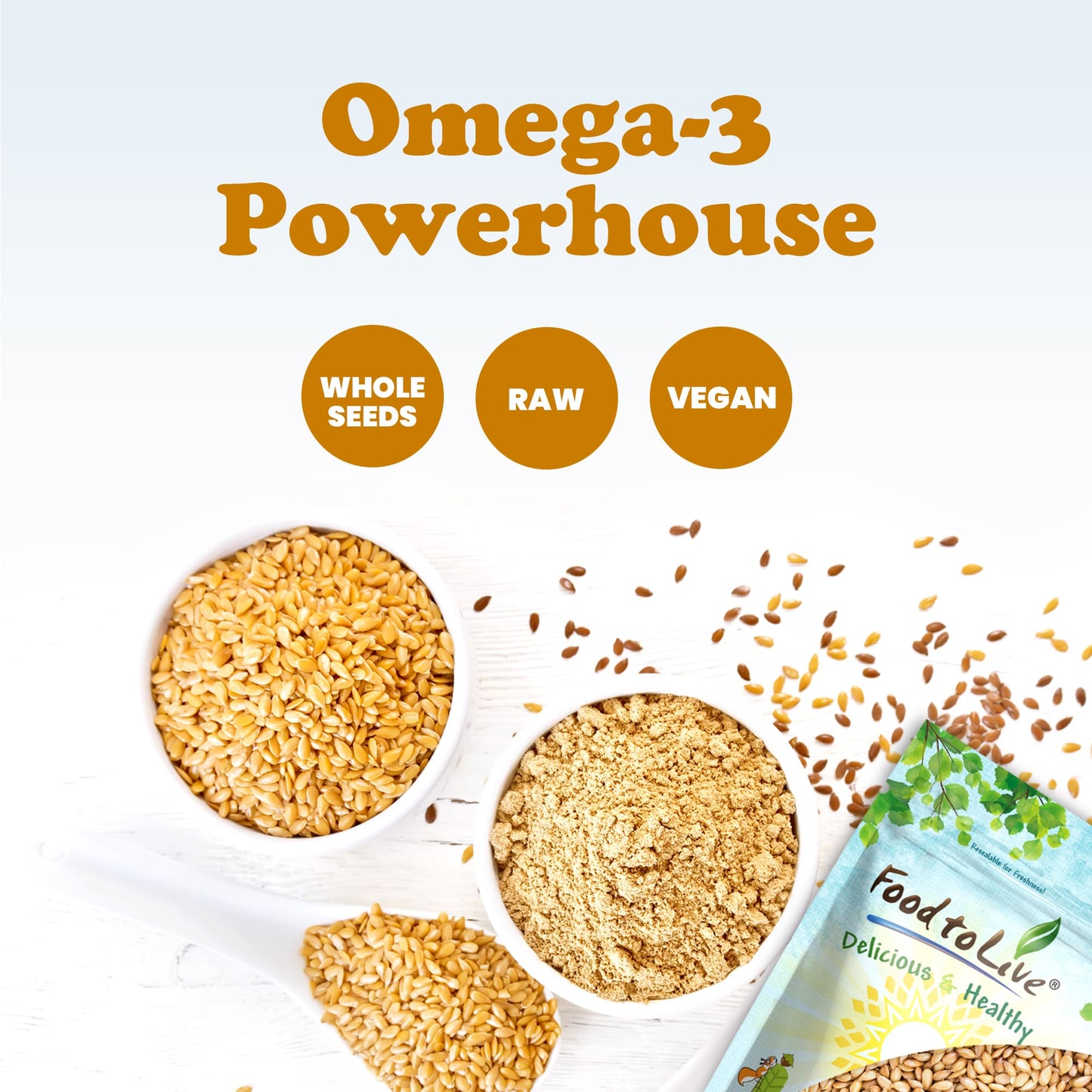 Golden Flax Seeds – Premium Whole Flaxseeds for Nutritious Recipes, Baking, and Snacking - Rich in Omega-3, Fiber, Protein, Essential Nutrients. Raw, Vegan, Kosher, Bulk. Semillas de Linaza