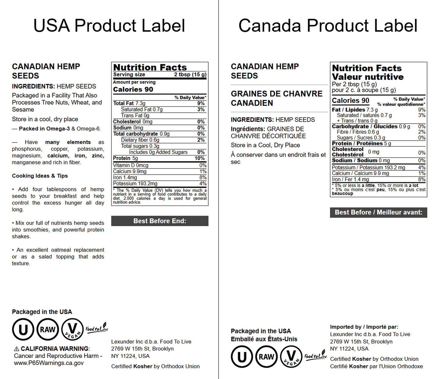 Canadian Hemp Seeds — Non-GMO Verified, Raw Hearts, Hulled, Shelled, Kosher, Vegan, Keto and Paleo Friendly, Rich in Protein, Omegas 3 & 6 - by Food to Live