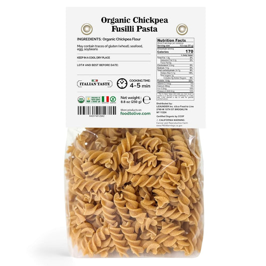 Organic Chickpea Fusilli Pasta, 8.8 oz - Non-GMO, Single Ingredient. No Additives. No Major Allergens. Made in Italy - by Food To Live