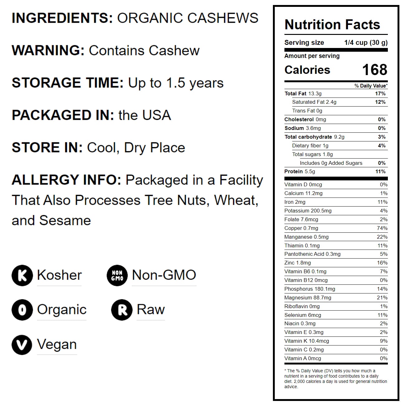 Organic Cashews - Whole, Size W-320, Unsalted - by Food To Live