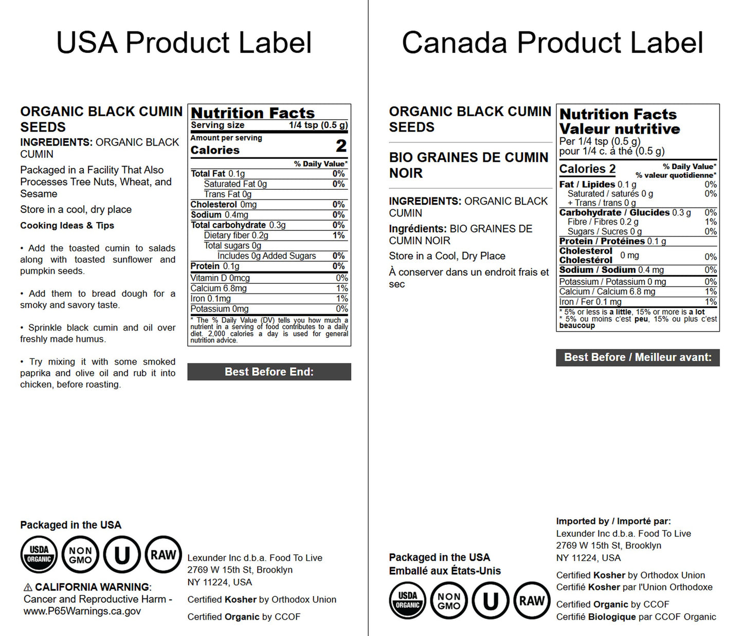 Organic Black Cumin Seeds — Non-GMO, Whole Nigella Sativa, Raw Vegan Superfood, Bulk Black Caraway, Great for Cooking — by Food to Live